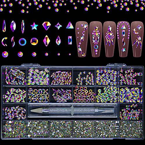 Nail Rhinestones Gems Jewels Kit,3830pcs 3D Crystal Diamond Nail Stones Mixed Shapes and Round Flat Rhinestones Packed with Nail Jewels Wax Pen & Box,Idea Gift for Acrylic Nail Art Diy Crafts
