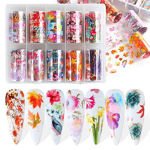 Fall Nail Art Stickers Decals Fall Maple Leaves Nail Foils for Nails Autumn Colorful Holographic Flowers Nail Foils Lavender Nail Art Transfer Stickers DIY Nail Art Decorations