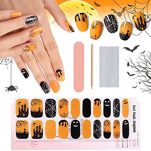 Halloween Semi Cured Gel Nail Polish Strips, TOROKOM 20 Stickers Halloween Gel Nail Polish Stickers Full Wraps Nail Art Stickers Bat Spider Net Face Gel Stickers with Nail File and Stick