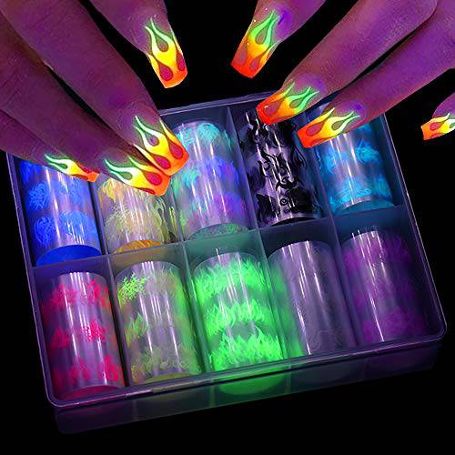 Dornail 10 Rolls Fire Flame Nail Transfer Stickers Fluorescent Nail Art Sticker Nail Decals for Nail Foil Decoration Accessories
