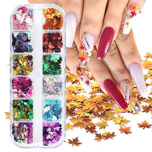 Macute Fall Nail Art Glitters Maple Leaf Nail Sequins, 12 Grids Autumn Leaf Shape Flakes Holographic Gold Red Maple Leaves Paillettes Designs for Nails Gel Polish Supplies Manicure Tips Decorations
