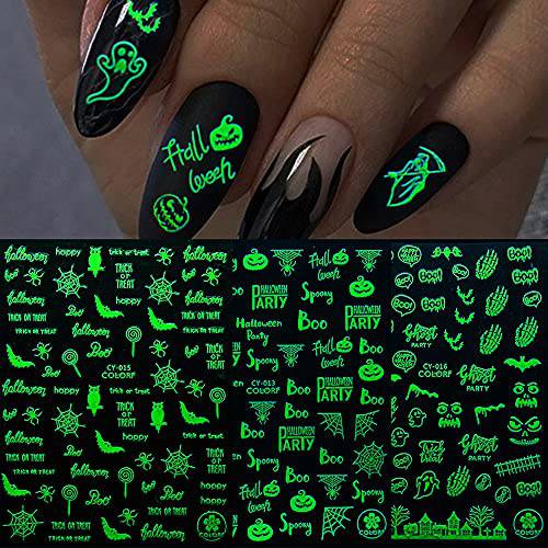 Halloween Nail Art Adhesive Stickers, 3D Luminous Nail Art Supplies Nail Decals 8 Sheets Halloween Series Nail Stickers Ghost Pumpkin Spider Web Bat Designer Stickers for Nail Art Decoration Designs