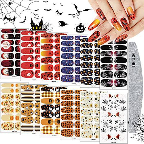 12 Sheets Halloween Nail Wraps Stickers, TOROKOM Halloween Nail Polish Strips Adhesive Full Wrap with Pumpkin Ghost Spdier Pattern and Nail Files for Women Girl Halloween Party Decoration
