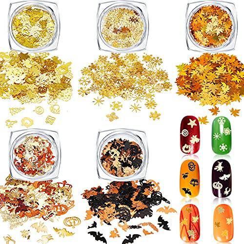 5 Boxes Fall Nail Decals Fall Nail Art Stickers Maple Leaf Nail Metal Flakes Thanksgiving 3D Nail Art Supplies Snowflake Nail Art Sequins Nails Decorations Manicure Accessories for DIY Nail Decals