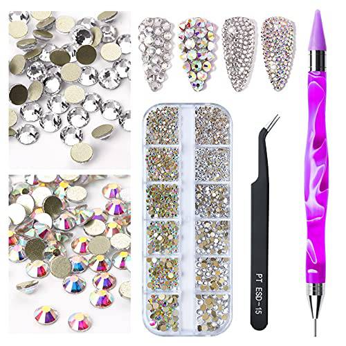Yzzseven Ergonomic Design Hand Turned Resin Wax Tip Pointing Nail Pen with 1440 PCS Crystals Glass AB Rhinestones Round Shiny Nail Diamonds with Storage Organizer Box/Tweezers (Purple)