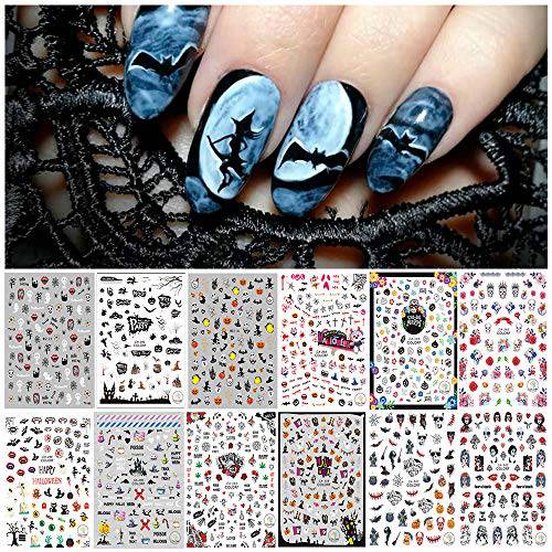 12Sheets Halloween Nail Art Stickers, Kalolary 1500+pcs Self-Adhesive Nail Sticker Decals for Halloween Party, Pumpkin/Skull/Ghost/Witch/Bat Nail Decorations