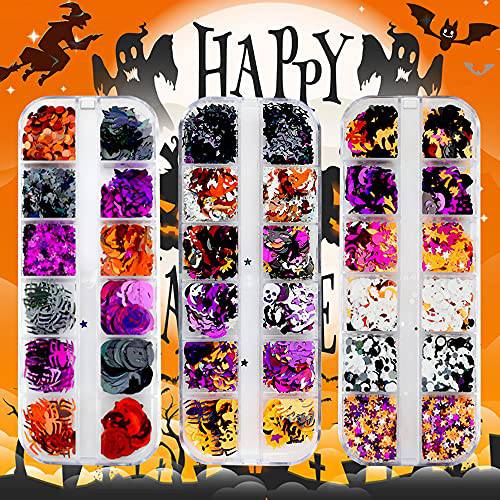Halloween Nail Art Glitters, 3 Boxes 3D Holographic Halloween Confetti Glitter Skull Spider Pumpkin Bat Ghost Witch Halloween Nail Design DIY Nail Art Supply for Halloween Party