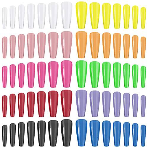 Cooserry Long Press on Nails - 240pcs Coffin False Nails Solid Color Fake Nails for Women Girls with Adhesive Tabs - Fake Nails Supplies Full Cover Artificial Nails for DIY Nail Art