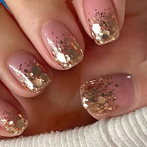 RikView Press on Nails Short Fake Nails Pink Nails Clear Square Acrylic Nails with Sequins