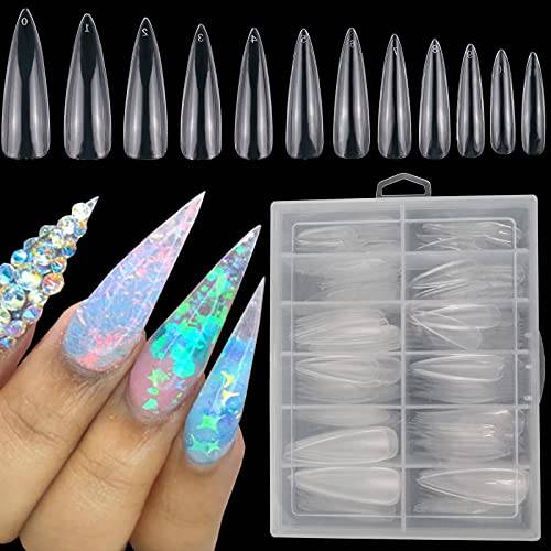 240pc Long Stiletto Acrylic False Nails Clear Pointy Stiletto Artificial Fake Nail Art Tips Full Cover 12 Size with Case,Manicure DIY Fingernails Design Nail Decor for Women Girls (Stiletto)