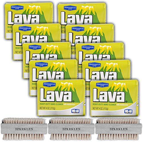 Lava Soap Bar Bulk Kit: (10 Pack) Hand Pumice Cleaner Exfoliating Commercial Scrub + (3 Pack) Wooden Nail Brush Scrubber For Cleaning, Compatible With Lava.