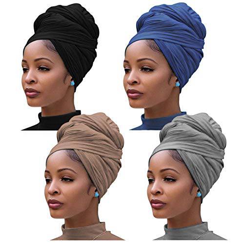 YMHPRIDE 4 Pieces Stretch Jersey Turban Stretchy Head Wrap Knit Headwraps Urban Hair Scarf African Head Wrap Solid Color Ultra Soft Extra Long Breathable Head Band Tie for Women