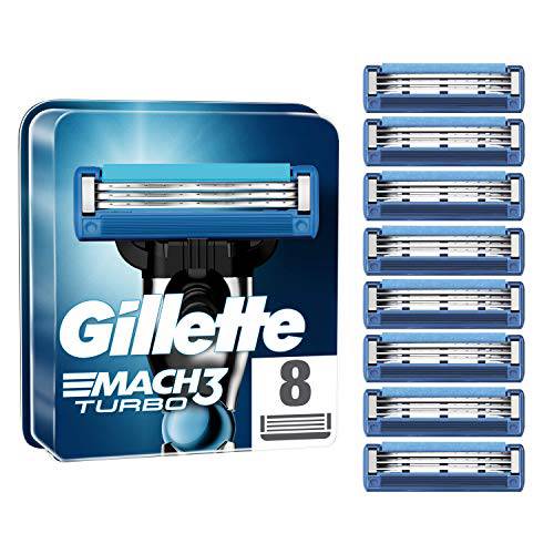 Gillette Mach3 Turbo Razor Blades Men, Pack of 8 Razor Blade Refills, Stronger Than Steel Blades, Enhanced Lubrastrip