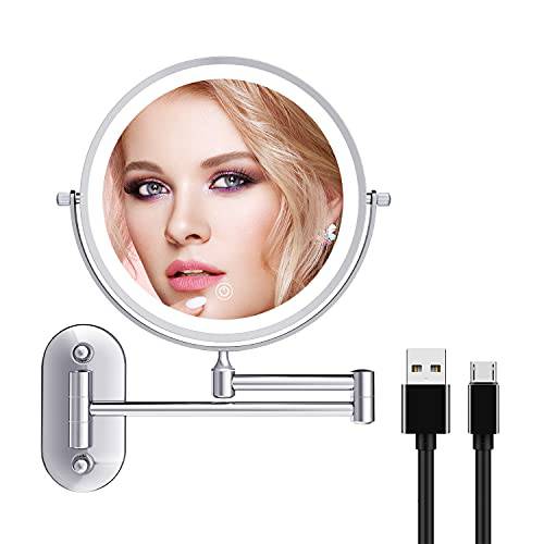 Rechargeable Lighted Makeup Mirror Wall Mounted, 10X Magnifying Mirror for Bathroom, Double Sided Make Up Mirror with Lights, 3 Color Settings, 8 Inch