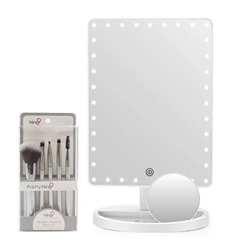 FUNTOUCH Large Lighted Vanity Makeup Mirror (X-Large Model), 35 LED Lights Light Up Mirror with Makeup Brush Sets, Touch Screen and 10X Magnification Mirror, 360° Rotation Tabletop Cosmetic Mirror