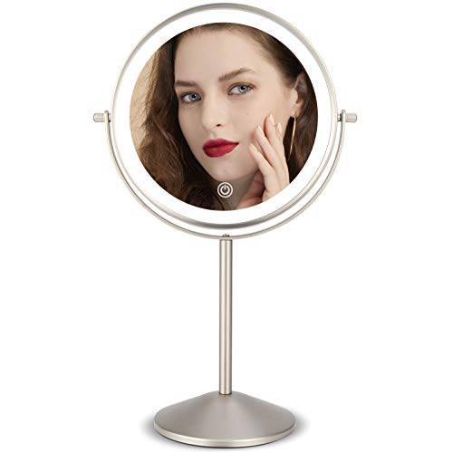 Makeup Vanity Mirror with Lights, 8 Inch Rechargeable Double Sided 1X/10X Magnification Mirror, 3 Color Lighting, Dimmable Cosmetic Mirror with Touch Control 360°Rotation Light up Mirror Cordless