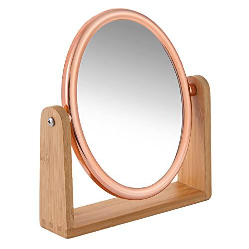 YEAKE Double Sided 10X Magnifying Makeup Mirror with Bamboo Stand ,Small Desk Table Mirror with 360° Rotation,Standing Portable Cosmetic Mirror,Good for Tabletop,Traveling(Rose Gold ,Oval)