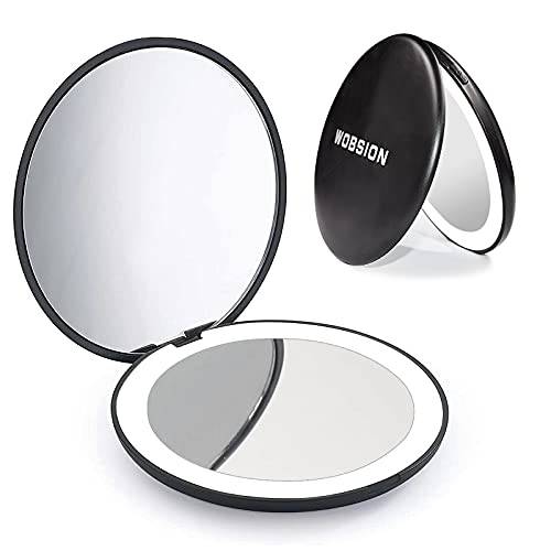 wobsion Rechargeable Compact Mirror,1x/10x Magnification Compact Mirror with Light,Dimmable Led Travel Makeup Mirror,Portable Mirror for Handbag,Purse,Handheld 2-Sided Mirror,Gifts for Girls,Black