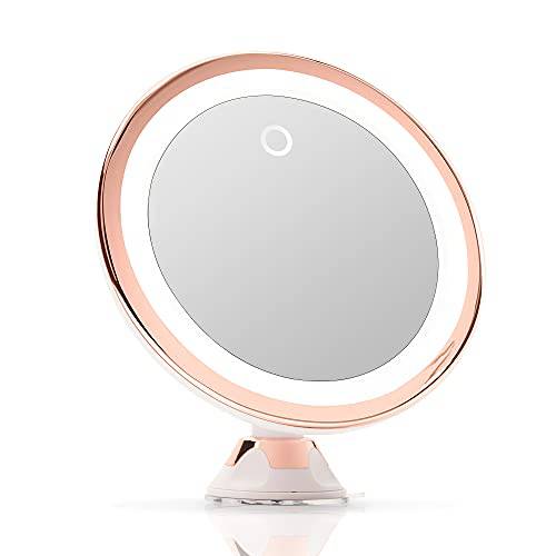 Fancii 10X Magnifying Makeup Mirror with True Natural Light and Locking Suction - 8 inch Large Lighted Travel Vanity Mirror, Dimmable Daylight LEDs, Battery and USB Operated - Luna (Rose Gold)