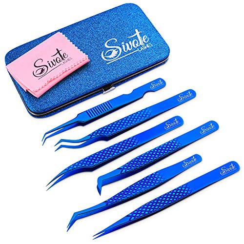 SIVOTE 6-Pack Professional Lash Tweezers for Eyelash Extensions Japanese Steel, Blue
