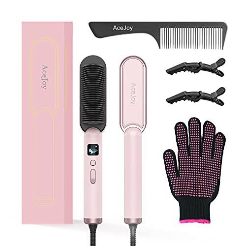 AceJoy Hair Straightener Brush Ionic Pink Electric Hair Iron with Built-in Comb, LED Screen & 3 Temp Settings & Anti-Scald Design, Fits for All Types of Hair, Professional Salon Tool at Home, Pink