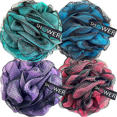 Loofah-Charcoal Bath-Sponge-Color-Set XL-75g by Shower Bouquet - Extra Large 4 Pack, Soft Mesh Black Bamboo Loufa Puff - Exfoliating Body Scrubber for Women and Men: Soothing Face & Body Exfoliator