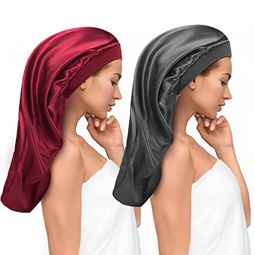 Aquior Large Satin Bonnet Sleep Cap, 2 Pcs Long Silk Bonnet for Braids Bonnets for Black Women No Fading Silk Elastic Well-Sealed Band Hair Cap