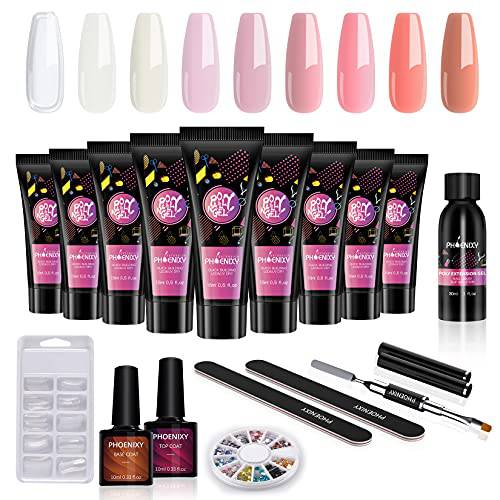 phoenixy Poly Nail Gel Kit, 9 Colors Poly Extension Gel Kit Nail Builder Nail Gel Top Base Coat Manicure Starter Kit Gift for Women