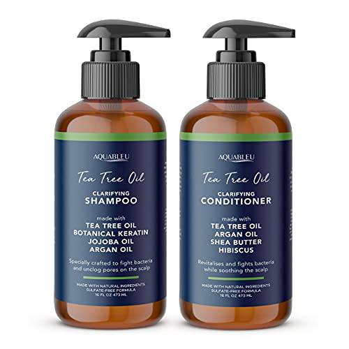 Aquableu Tea Tree Oil Shampoo & Conditioner Set – Deeply Moisturizing & Scalp Soothing – Anti-Dandruff Formula For All Hair Types – Jojoba & Argan Oil - Vegan - For Men & Women – Made in USA, 16oz