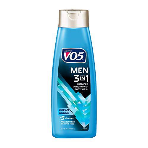 Alberto VO5 Mens 3-in-1 Shampoo Conditioner and Body Wash - Ocean Surge - 5 Essential Vitamins A, H, C, B5 and B3 to Help Nourish and Hydrate Your Hair and Skin, Blue, Fresh, 12.5 Fl Oz