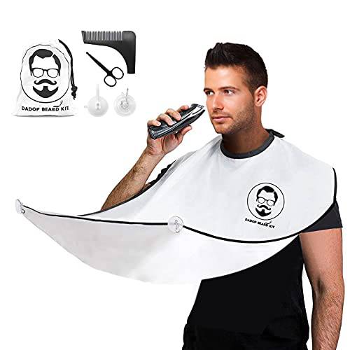 Dadop Beard Bib Kit, Beard Hair Catcher Waterproof Non-Stick for Men Shaving Apron Beard Catcher, with 4 Suction Cups, Nose Hair Scissors, Beard Comb and Portable Pouch, Best Gifts for Husband.