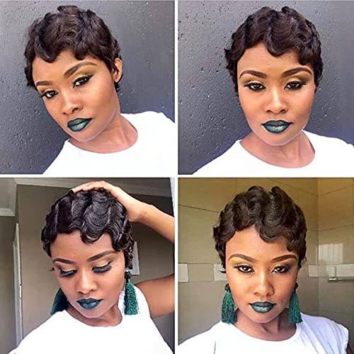 G&T Wig Finger Wave Wig Short Syntheyic Curly Wigs for Black Women Nuna Wig 1920s Cosplay Costume Halloween Party Daily Use (1B)