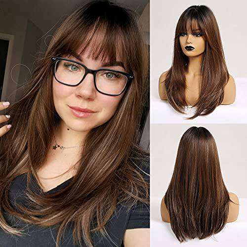 HAIRCUBE Brown Wigs for Women Long Straight layered Wig with Bangs Highlight Colour Heat Resistant Fiber Synthetic Wigs Daily Natural looking