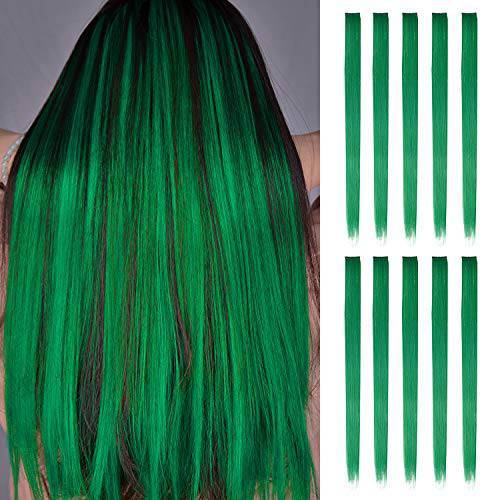 FESHFEN Green Clip in Hair Extensions, Colored Hair Extension 10 PCS Highlight Hair Piece Colorful Straight Synthetic Clip in Hairpieces for Women Girls Daily Party Christmas, 22 inch
