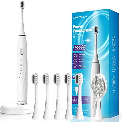SANTALA UltraSonic Electric Toothbrush with 6 Brush Heads and 1 Cleansing Brush, Waterproof Safe Power Toothbrush,5 Modes,One Charge for 100 Days,48000 VPM Motor (White)