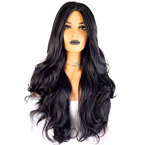 Long black wig Costume wig for women 30 in wig Wavy Curly 29.5 inches Wigs Natural Black Heat Resistant Fiber Side Part Women Synthetic Hair Side Part Wigs for white Women (Black)