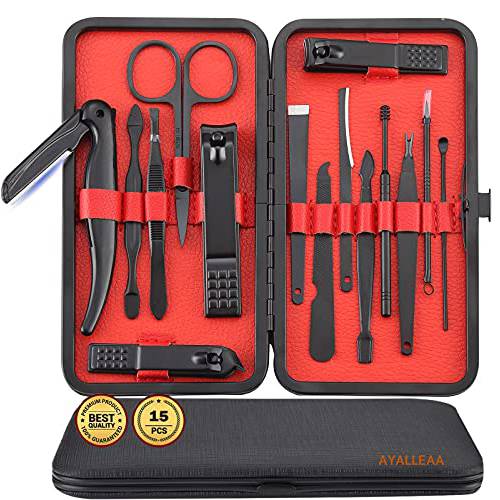 ELANA Manicure Set Pedicure Nail Clippers 15 Pieces Stainless Steel Professional Grooming Care Tools Nose Hair Scissors Nail File.The Best Gift with Luxurious Case (Red_15 Pieces)