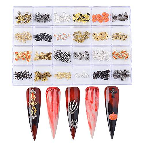 MEILINDS 240pcs 3D Halloween Nail Rhinestones Kits Skull Nail Charms Spider Pumpkin Bat Ghost Witch Nail Design, Crystal Vintage Alloy Nail Art Decoration for DIY Nail Tips Jewelry(24 styles)