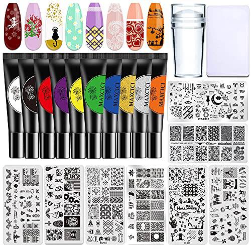 Nail Stamper Kit Nail Art Stamping Plates 10 Colors Nail Stamping Gel Polish 8pcs Nail Stamping Template Nail Stamping Kit Stamp Polish Nail Painting Gel Polish Flowers Animal Butterfly Holiday Lace Snow Design