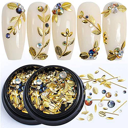 Nail Art Charms 3D Metal Nail Gems for Acrylic Nail Supplies, Holographic Gold Line Leaf Gems Sparkle Shape Design Decals DIY Manicure Jewelry Accessories for Women Girls Nail Decor