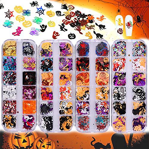4 Boxes Holographic Halloween Nail Art Glitter Sequins, Gorvalin 3D Laser Ghost Witch Halloween Confetti Glitter Ultrathin Face Body Glitters for Holiday Nail Decoration & Resin DIY Crafting