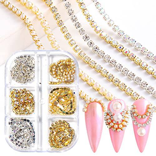 Nail Charms Jewelry for Acrylic Nails 6 Grids Pearl Claw Chain Nail Rhinestone 3D Metal Gold Silver AB Diamond Jewelry DIY Charm Nail Art Decorations Accessory (A)