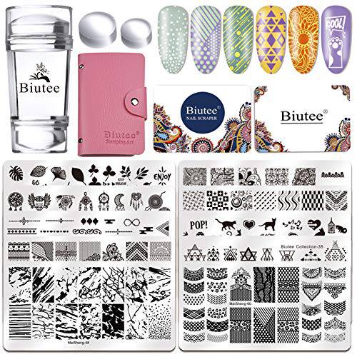 Biutee Nail Stamper Kit Clear Jelly Stamper Nail Stamping Plate Set Spring Summer Flower Leaves Animal Image Plate Stencils Tool for Manicure Scraper Storage Bag