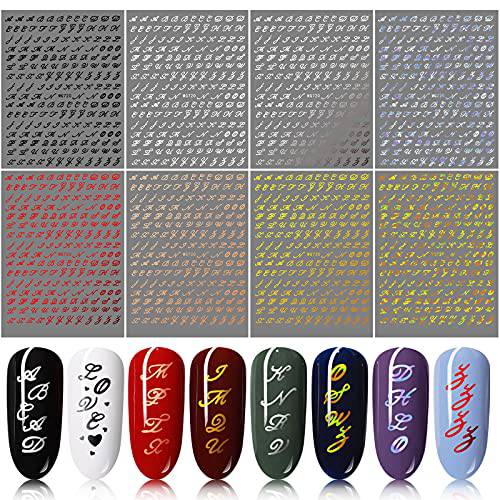 Letters Nail Art Stickers, EBANKU 8 Sheets Holographic English Alphabet Nail Stickers 3D Self-Adhesive Antique Letter Nail Decals for Women Girls Nail Art Decoration