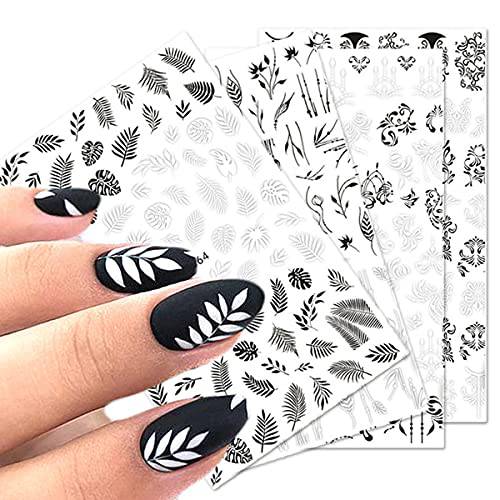 Leaves Flowers Nail Art Stickers 3D Self-Adhesive Nail Art Supplies Decals 8 Sheets Black White Retro Vintage Vine Rose Butterfly Nail Design for Acrylic Nails Decorations Fashion DIY Manicure Tips