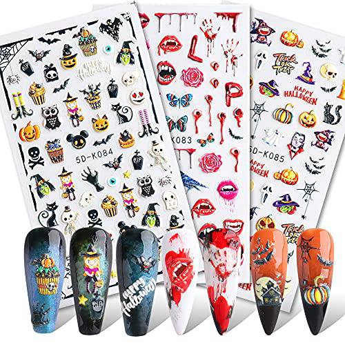 5D Halloween Nail Art Stickers Self Adhesive Nail Decals 3D Stereoscopic Embossed Halloween Designs Nail Art Supplies Pumpkin Lip Blood Designer Nail Stickers for Women Acrylic Nails Decor (3Sheets)