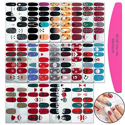 SILPECWEE 20 Sheets Nail Polish Strips Halloween Christmas Nail Wraps Self-Adhesive Nail Polish Stickers Decals for Women Nail Art Gel Nail Strips Manicure Kit with 1pc Nail File
