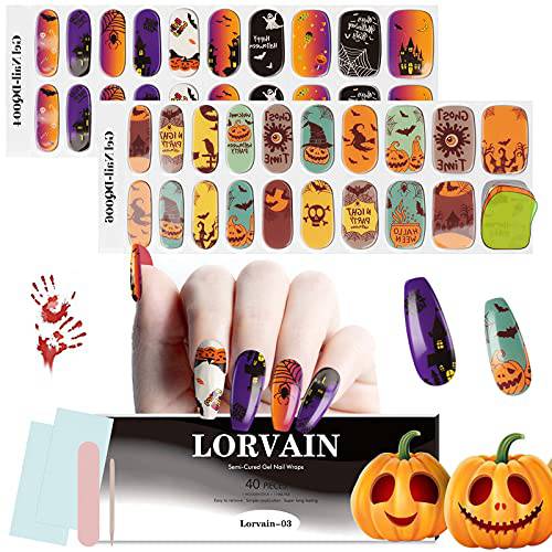 Lorvain Halloween Semi Cured Gel Nail Strips, 40 Stickers Semicured Stick On Nails Polish Strips, Waterproof Adhesive Full Wrap Gel Nail Art Sticker (UV/LED Lamp Required)