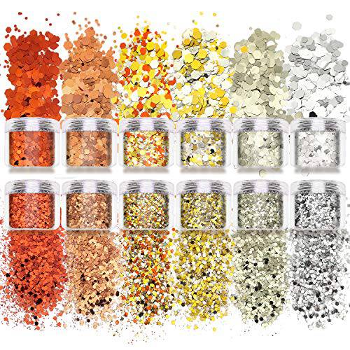 Allstarry 12 Boxes Nail Glitter Autumn Chunky Nail Sequins Orange Copper Nail Flakes Decals for Makeup DIY Nail Art Decoration