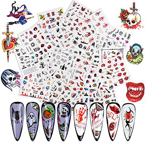 24 Sheets Halloween Nail Art Stickers Decals, EBANKU Halloween Nail Stickers Skull Ghost Water Transfer Nail Decals Pumpkin Witch Nail Art Stickers Decoration